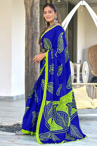 Blue block print mulmul cotton saree with blouse.