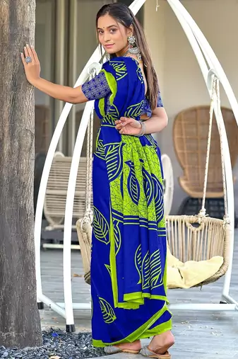 Blue block print mulmul cotton saree with blouse.