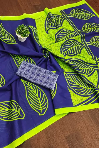 Blue block print mulmul cotton saree with blouse.
