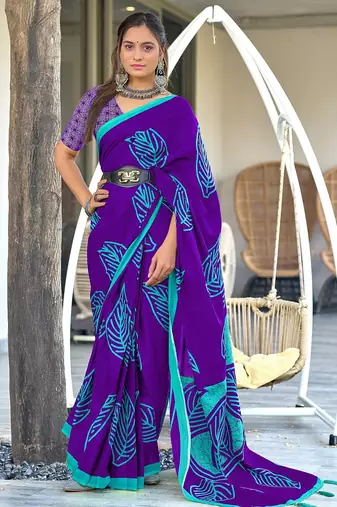 Purple block print mulmul cotton saree with blouse.