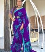 Purple block print mulmul cotton saree with blouse.