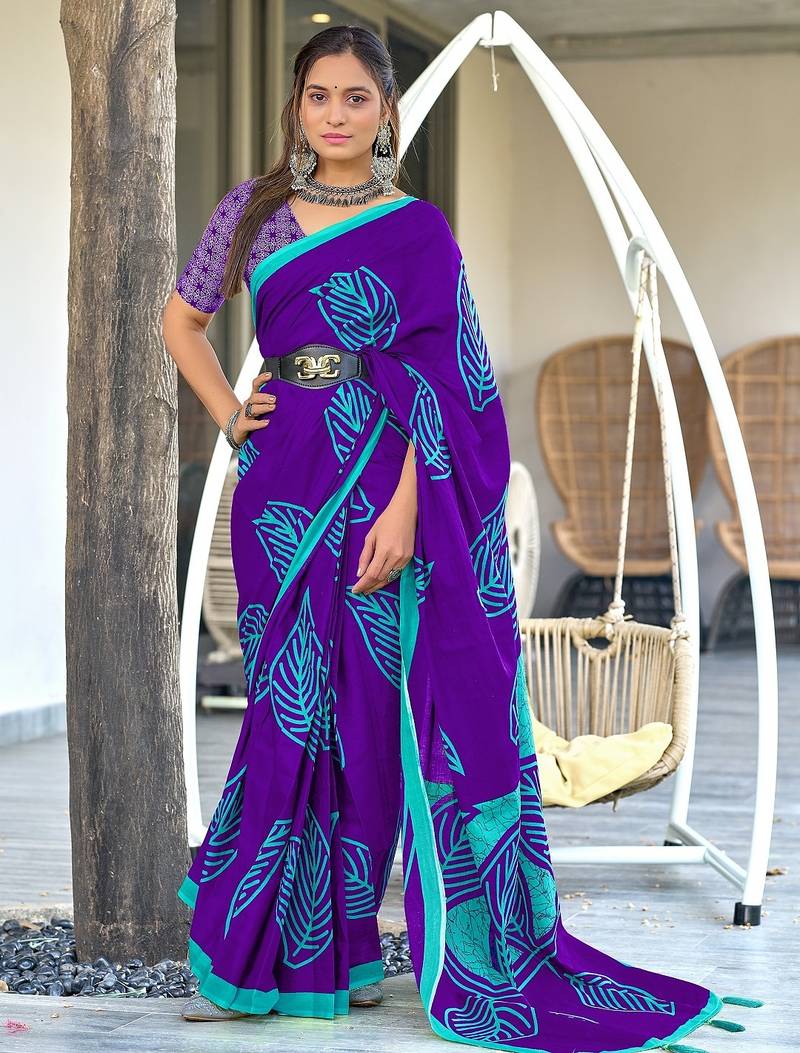 Purple block print mulmul cotton saree with blouse.