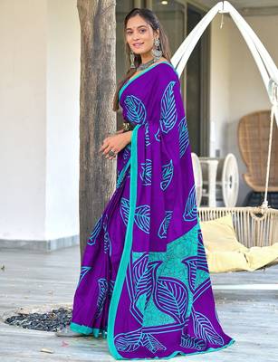 Purple block print mulmul cotton saree with blouse. 3