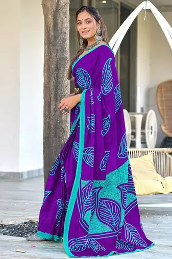 Purple block print mulmul cotton saree with blouse.