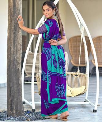 Purple block print mulmul cotton saree with blouse. 4
