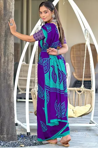 Purple block print mulmul cotton saree with blouse.