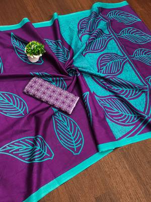 Purple block print mulmul cotton saree with blouse. 5