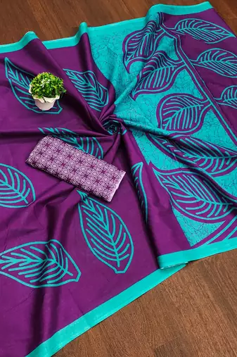 Purple block print mulmul cotton saree with blouse.