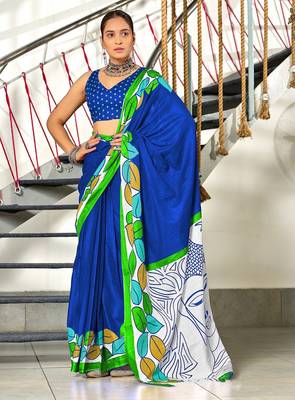Blue madhubani print mulmul cotton saree with blouse. 1