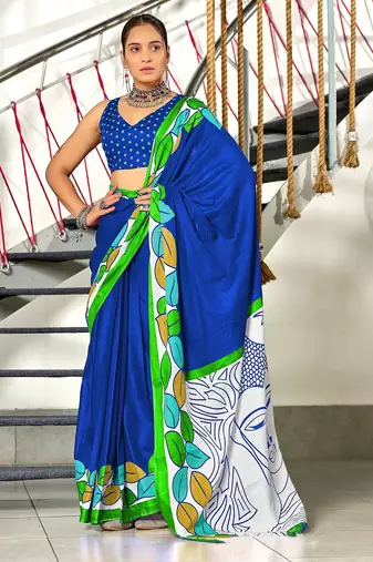 Blue madhubani print mulmul cotton saree with blouse.
