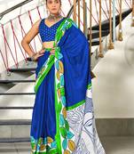 Blue madhubani print mulmul cotton saree with blouse.
