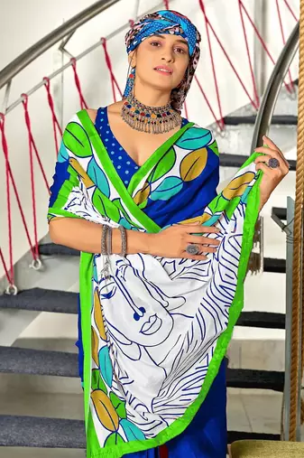 Blue madhubani print mulmul cotton saree with blouse.