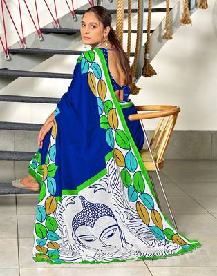 Blue madhubani print mulmul cotton saree with blouse. 4