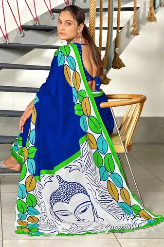 Blue madhubani print mulmul cotton saree with blouse.