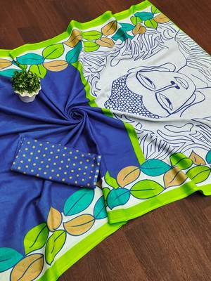 Blue madhubani print mulmul cotton saree with blouse. 5