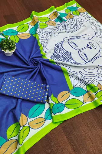 Blue madhubani print mulmul cotton saree with blouse.