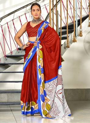 Red madhubani print mulmul cotton saree with blouse. 1