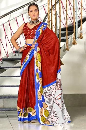 Red madhubani print mulmul cotton saree with blouse.
