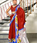 Red madhubani print mulmul cotton saree with blouse.