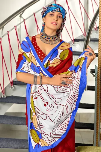 Red madhubani print mulmul cotton saree with blouse.