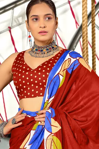 Red madhubani print mulmul cotton saree with blouse.
