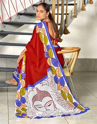 Red madhubani print mulmul cotton saree with blouse. 4