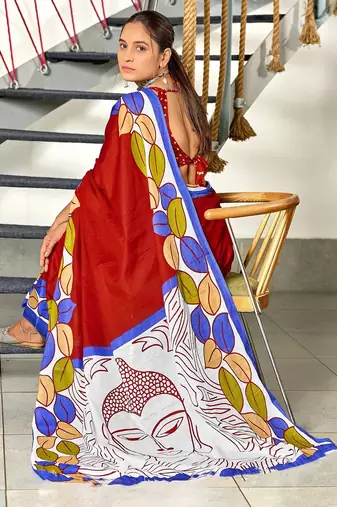 Red madhubani print mulmul cotton saree with blouse.