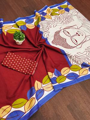 Red madhubani print mulmul cotton saree with blouse. 5