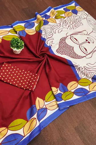 Red madhubani print mulmul cotton saree with blouse.