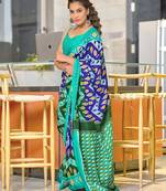Green ikkat, zigzag print mulmul cotton saree with blouse.