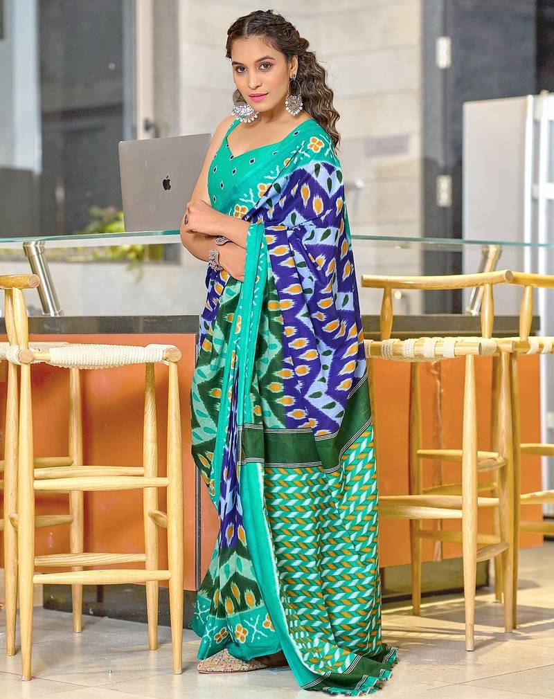 Green ikkat, zigzag print mulmul cotton saree with blouse.