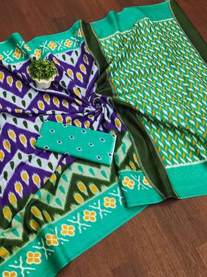 Green ikkat, zigzag print mulmul cotton saree with blouse. 5