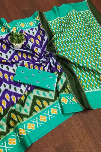 Green ikkat, zigzag print mulmul cotton saree with blouse.