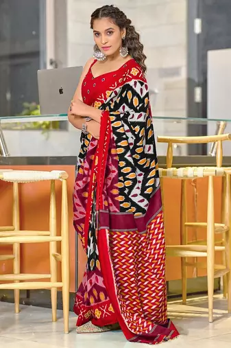 Red ikkat, zigzag print mulmul cotton saree with blouse.