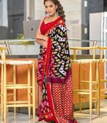 Red ikkat, zigzag print mulmul cotton saree with blouse.