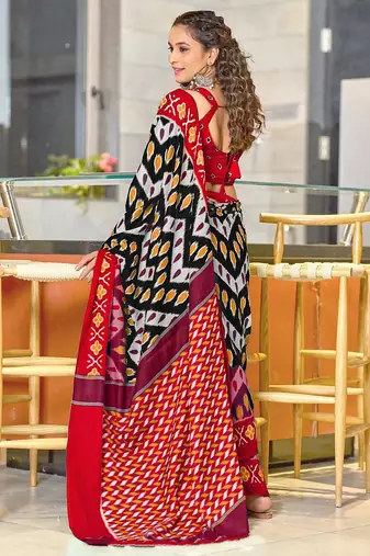 Red ikkat, zigzag print mulmul cotton saree with blouse.
