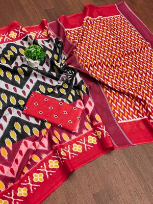Red ikkat, zigzag print mulmul cotton saree with blouse. 5