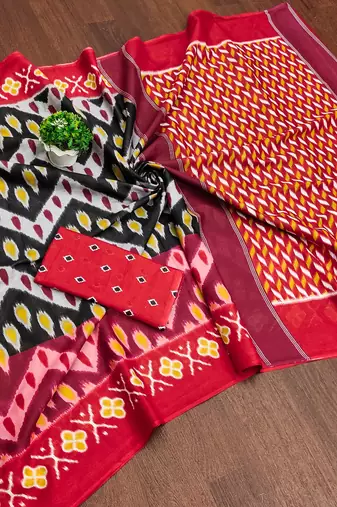 Red ikkat, zigzag print mulmul cotton saree with blouse.