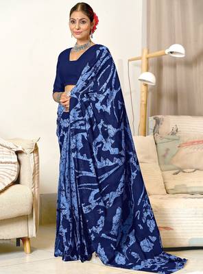 Blue block print mulmul cotton saree with blouse. 1