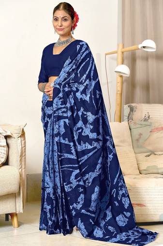 Blue block print mulmul cotton saree with blouse.