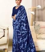 Blue block print mulmul cotton saree with blouse.