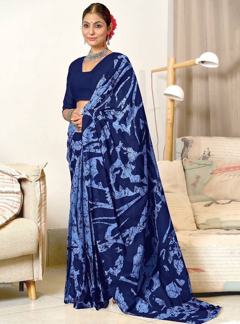 Blue block print mulmul cotton saree with blouse.
