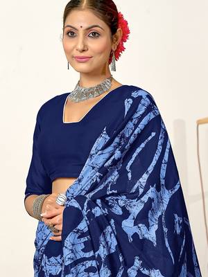Blue block print mulmul cotton saree with blouse. 2