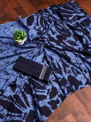 Blue block print mulmul cotton saree with blouse. 5