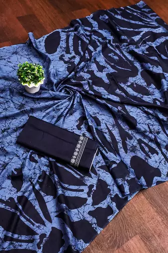 Blue block print mulmul cotton saree with blouse.