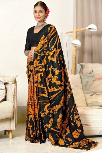 Mustard block print mulmul cotton saree with blouse.