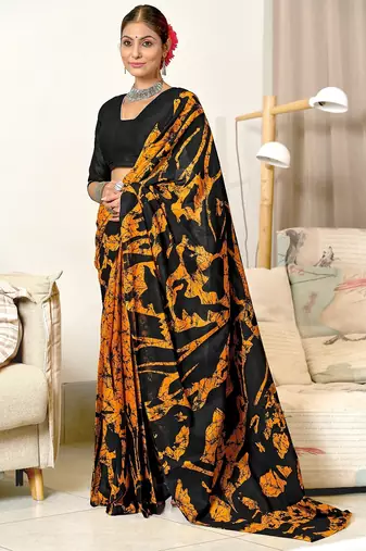 Mustard block print mulmul cotton saree with blouse.