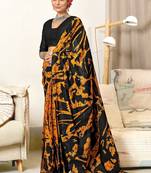 Mustard block print mulmul cotton saree with blouse.