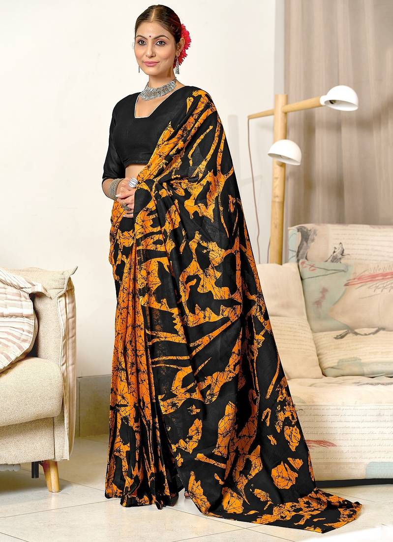 Mustard block print mulmul cotton saree with blouse.