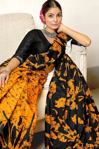 Mustard block print mulmul cotton saree with blouse.